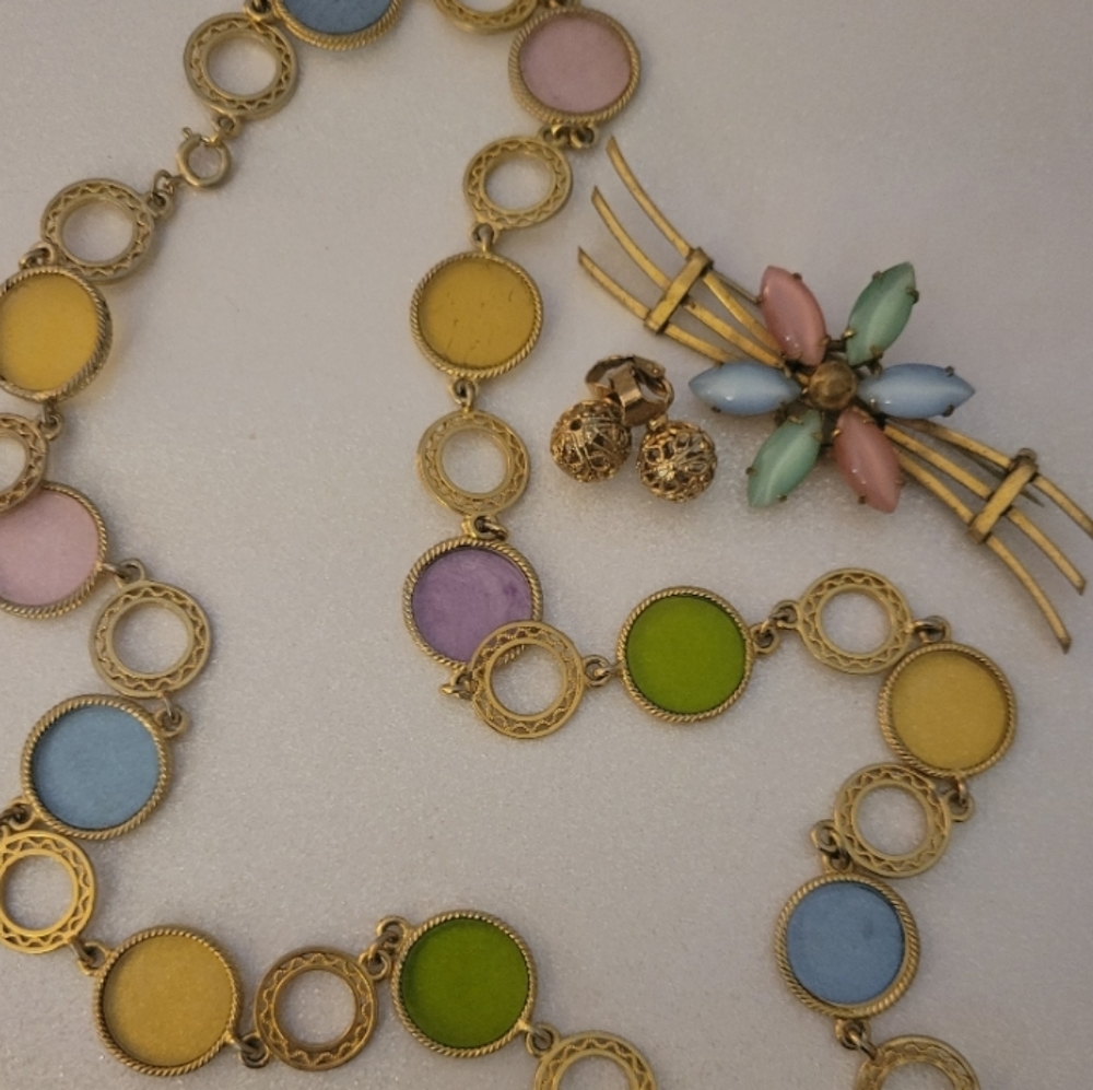 Moonglow multicolored flower vintage brooch filigree earrings unique necklace